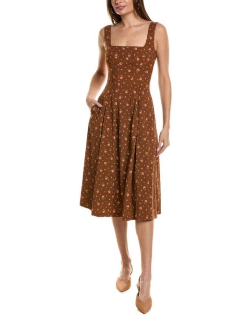 WeWoreWhat Corset Pleated Ditsy Floral Midi Dress in Cider (Brown), Size 4